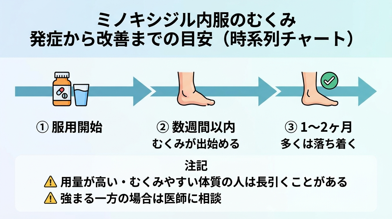 タイトル: ミノキシジル内服のむくみ 発症から改善までの目安(時系列チャート)。横軸タイムライン: 服用開始 → 数週間以内(むくみが出始める)→ 1〜2ヶ月(多くは落ち着く)。注記: 用量が高い・むくみやすい体質の人は長引くことがある。強まる一方の場合は医師に相談