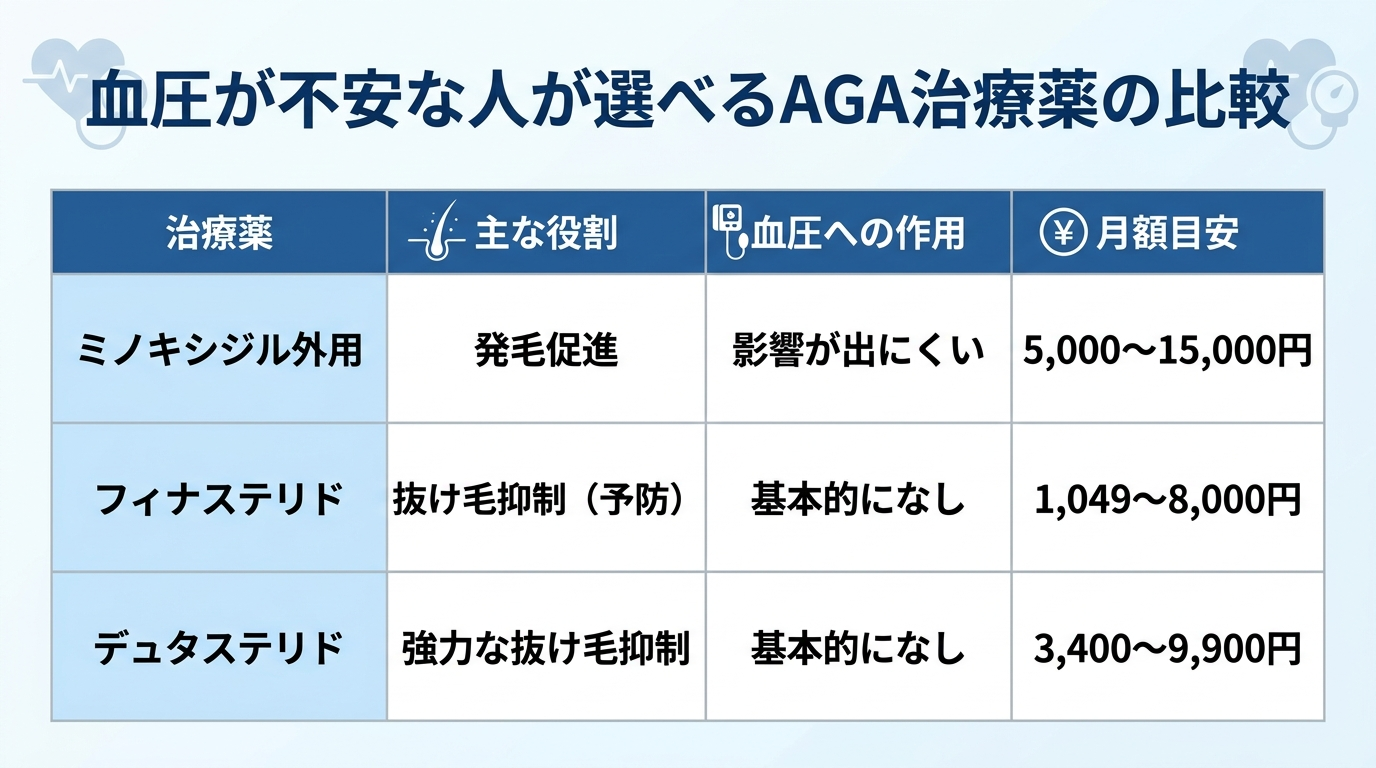 タイトル: 血圧が不安な人が選べるAGA治療薬の比較。4列の表: ヘッダー行: 治療薬 | 主な役割 | 血圧への作用 | 月額目安。行1: ミノキシジル外用 | 発毛促進 | 影響が出にくい | 5,000〜15,000円。行2: フィナステリド | 抜け毛抑制(予防) | 基本的になし | 1,049〜8,000円。行3: デュタステリド | 強力な抜け毛抑制 | 基本的になし | 3,400〜9,900円