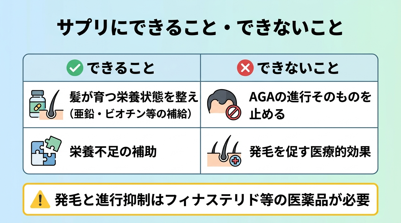 タイトル: サプリにできること・できないこと。2列の比較表: ヘッダー行: できること | できないこと。行1: 髪が育つ栄養状態を整える(亜鉛・ビオチン等の補給) | AGAの進行そのものを止める。行2: 栄養不足の補助 | 発毛を促す医療的効果。下部に注記『発毛と進行抑制はフィナステリド等の医薬品が必要』