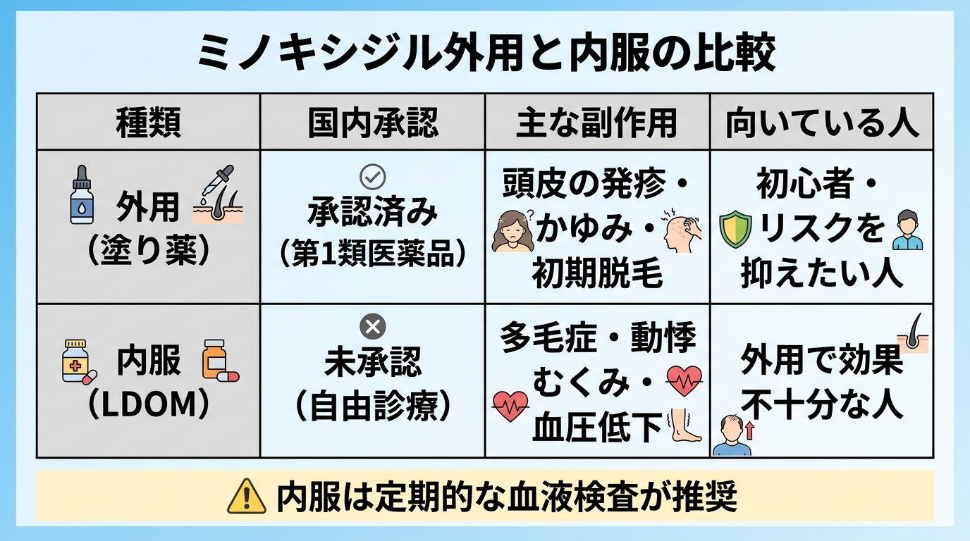 タイトル: ミノキシジル外用と内服の比較。4列の表: ヘッダー行: 種類 | 国内承認 | 主な副作用 | 向いている人。行1: 外用(塗り薬) | 承認済み(第1類医薬品) | 頭皮の発疹・かゆみ・初期脱毛 | 初心者・リスクを抑えたい人。行2: 内服(LDOM) | 未承認(自由診療) | 多毛症・動悸・むくみ・血圧低下 | 外用で効果不十分な人。下部注記『内服は定期的な血液検査が推奨』
