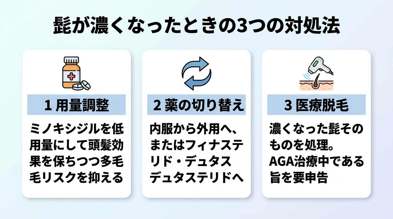 タイトル: 髭が濃くなったときの3つの対処法。横並び3カードで: カード1(錠剤のアイコン)ヘッダー: 用量調整、説明: ミノキシジルを低用量にして頭髪効果を保ちつつ多毛リスクを抑える。カード2(切り替えのアイコン)ヘッダー: 薬の切り替え、説明: 内服から外用へ、またはフィナステリド・デュタステリドへ。カード3(脱毛のアイコン)ヘッダー: 医療脱毛、説明: 濃くなった髭そのものを処理。AGA治療中である旨を要申告。