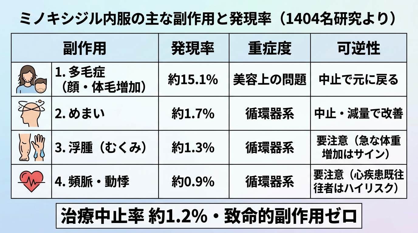 タイトル: ミノキシジル内服の主な副作用と発現率(1404名研究より)。4列の表。ヘッダー行: 副作用 | 発現率 | 重症度 | 可逆性。行1: 多毛症(顔・体毛増加)| 約15.1% | 美容上の問題 | 中止で元に戻る。行2: めまい | 約1.7% | 循環器系 | 中止・減量で改善。行3: 浮腫(むくみ)| 約1.3% | 循環器系 | 要注意(急な体重増加はサイン)。行4: 頻脈・動悸 | 約0.9% | 循環器系 | 要注意(心疾患既往者はハイリスク)。下部注記: 治療中止率 約1.2%・致命的副作用ゼロ