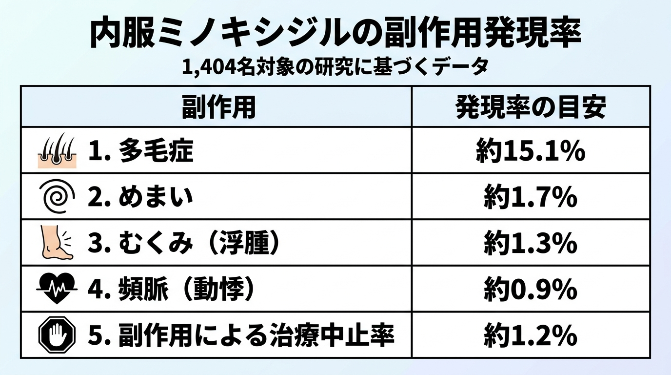 タイトル: 内服ミノキシジルの副作用発現率(1,404名研究より)。2列の表: ヘッダー行: 副作用 | 発現率の目安。行1: 多毛症 | 約15.1%。行2: めまい | 約1.7%。行3: むくみ(浮腫) | 約1.3%。行4: 頻脈(動悸) | 約0.9%。行5: 副作用による治療中止率 | 約1.2%