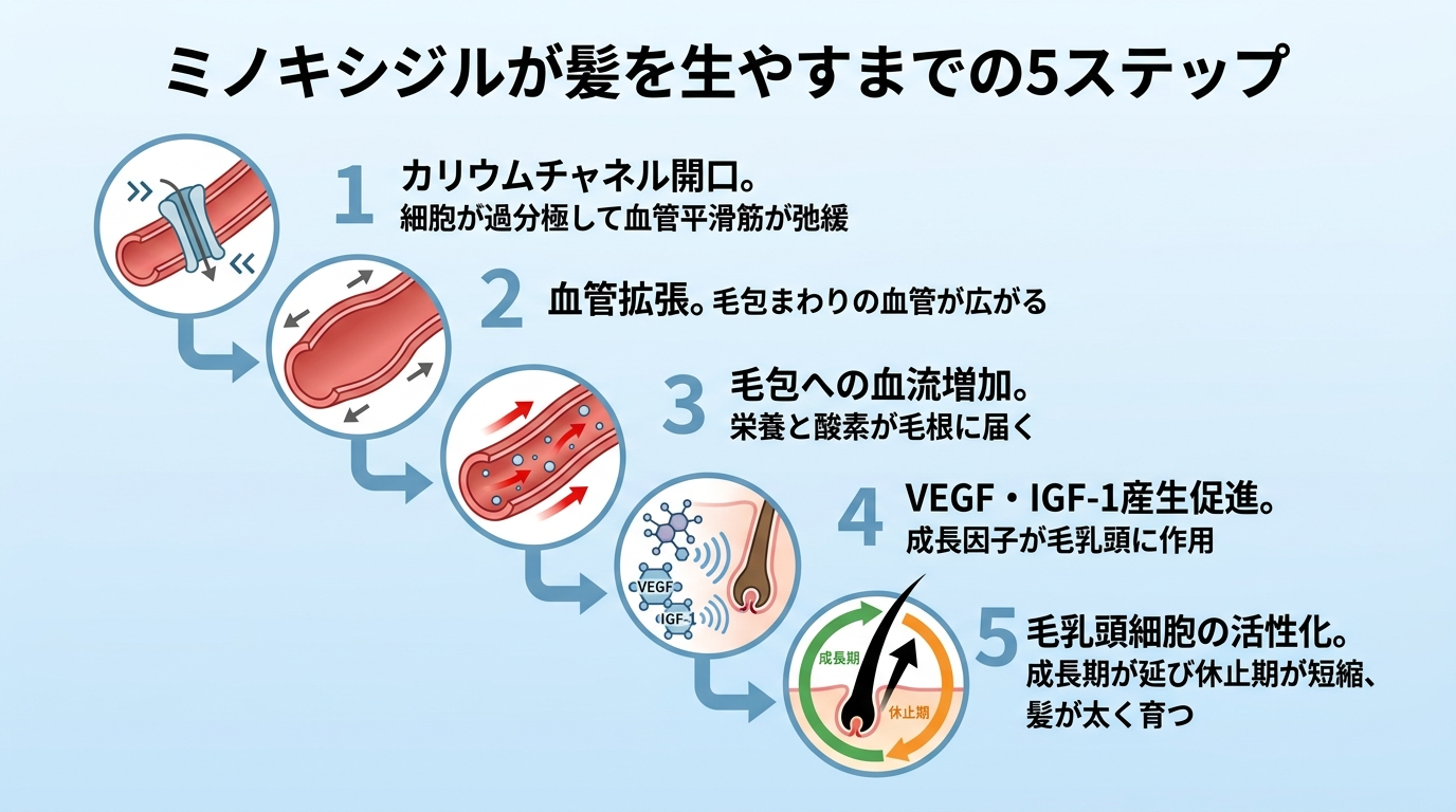 タイトル: ミノキシジルが髪を生やすまでの5ステップ。縦フロー図で上から順に: ステップ1(血管のアイコン)カリウムチャネル開口→細胞が過分極して血管平滑筋が弛緩。ステップ2(拡張した血管のアイコン)血管拡張→毛包まわりの血管が広がる。ステップ3(血流のアイコン)毛包への血流増加→栄養と酸素が毛根に届く。ステップ4(分子のアイコン)VEGF・IGF-1産生促進→成長因子が毛乳頭に作用。ステップ5(髪の毛のアイコン)毛乳頭細胞の活性化→成長期が延び休止期が短縮、髪が太く育つ