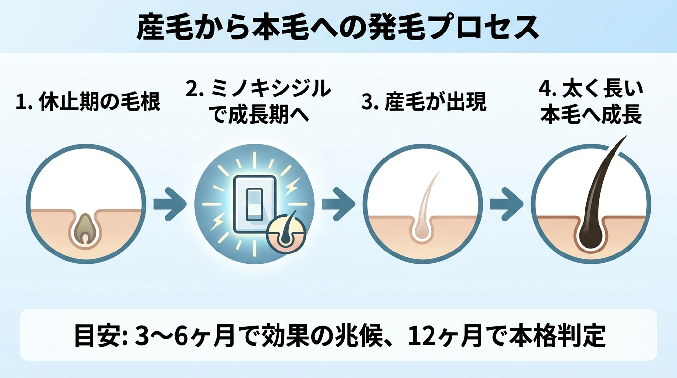 タイトル: 産毛から本毛への発毛プロセス。横並び4ステップのフロー図: ステップ1(休止状態の毛根アイコン)休止期の毛根。ステップ2(光るスイッチのアイコン)ミノキシジルで成長期へ。ステップ3(細い産毛のアイコン)産毛が出現。ステップ4(太い本毛のアイコン)太く長い本毛へ成長。矢印で各ステップをつなぐ。下部に『目安: 3〜6ヶ月で効果の兆候、12ヶ月で本格判定』と記載