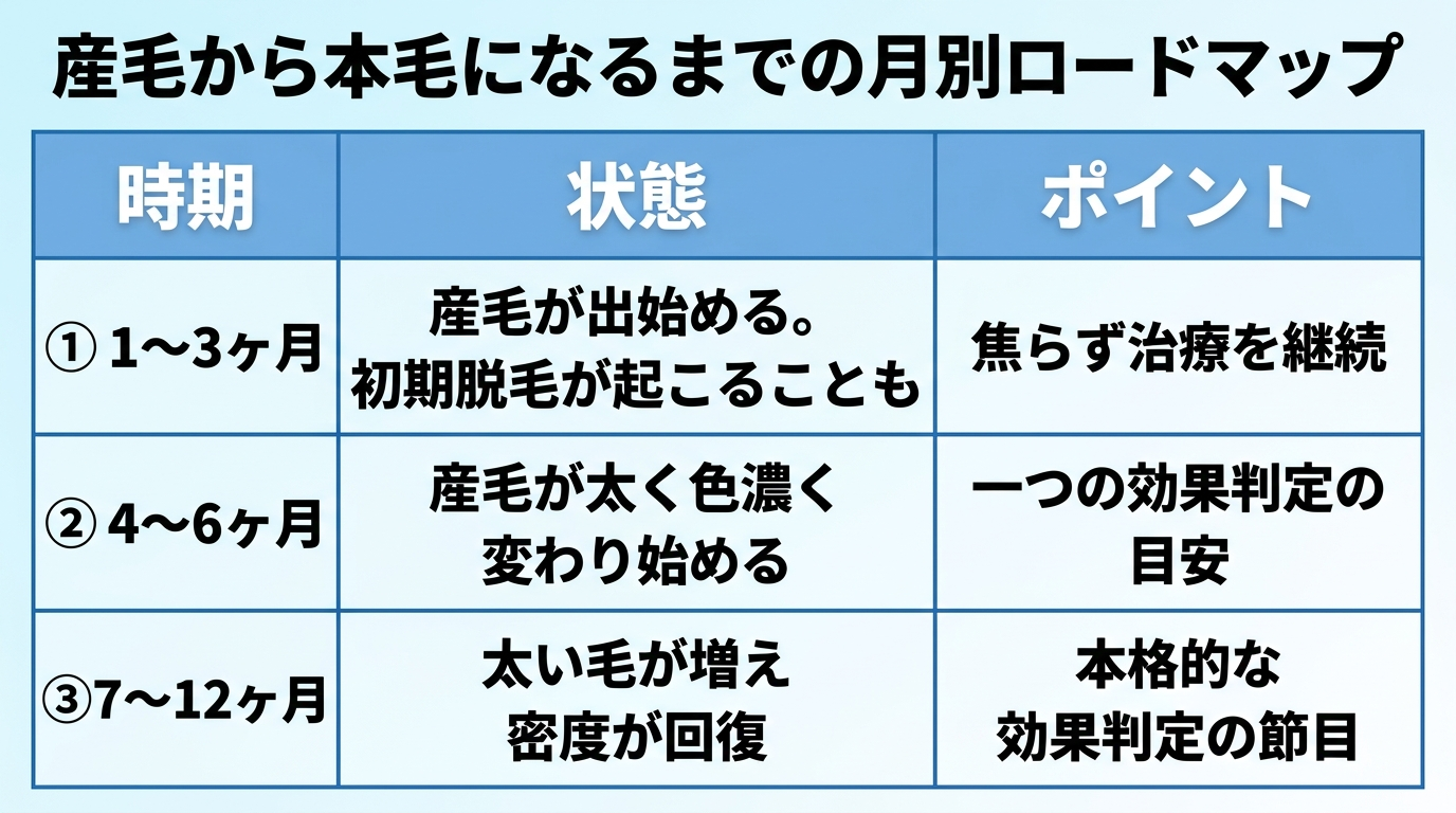 タイトル: 産毛から本毛になるまでの月別ロードマップ。3列の表: ヘッダー行: 時期 | 状態 | ポイント。行1: 1〜3ヶ月 | 産毛が出始める。初期脱毛が起こることも | 焦らず治療を継続。行2: 4〜6ヶ月 | 産毛が太く色濃く変わり始める | 一つの効果判定の目安。行3: 7〜12ヶ月 | 太い毛が増え密度が回復 | 本格的な効果判定の節目