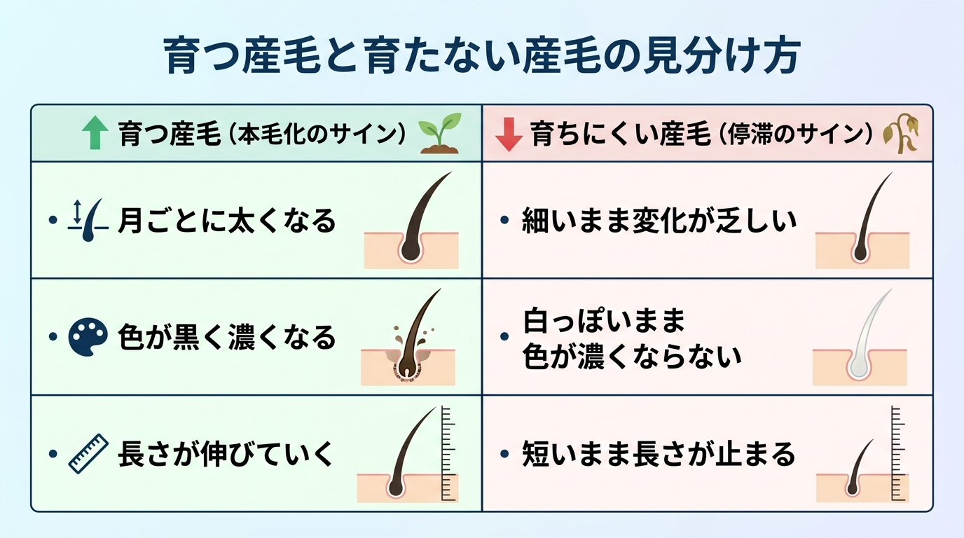 タイトル: 育つ産毛と育たない産毛の見分け方。2列の比較表: ヘッダー行: 育つ産毛(本毛化のサイン) | 育ちにくい産毛(停滞のサイン)。行1: 月ごとに太くなる | 細いまま変化が乏しい。行2: 色が黒く濃くなる | 白っぽいまま色が濃くならない。行3: 長さが伸びていく | 短いまま長さが止まる