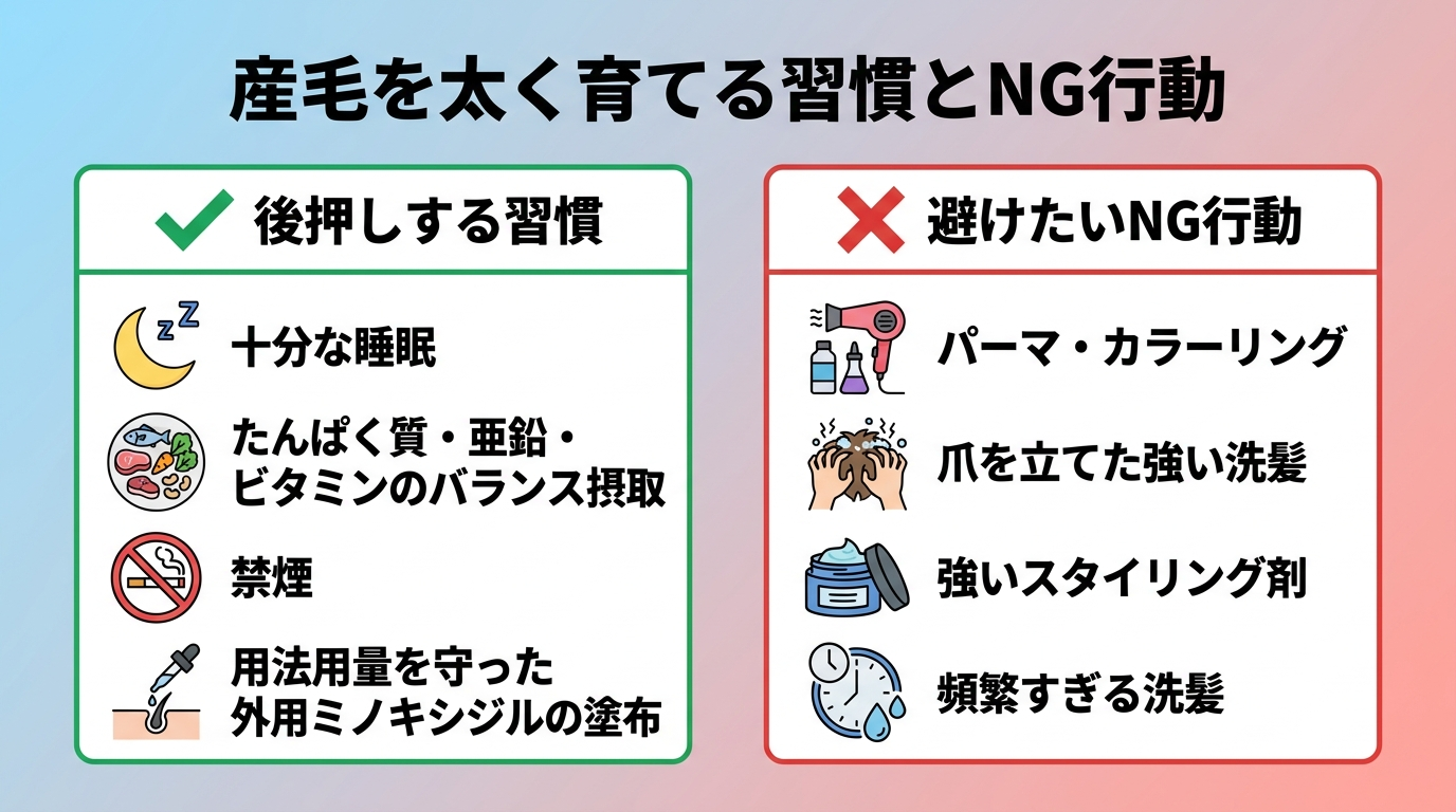 タイトル: 産毛を太く育てる習慣とNG行動。横並び2カードで: カード1(チェックマークのアイコン)ヘッダー: 後押しする習慣、説明: 十分な睡眠、たんぱく質・亜鉛・ビタミンのバランス摂取、禁煙、用法用量を守った外用ミノキシジルの塗布。カード2(バツマークのアイコン)ヘッダー: 避けたいNG行動、説明: パーマ・カラーリング、爪を立てた強い洗髪、強いスタイリング剤、頻繁すぎる洗髪