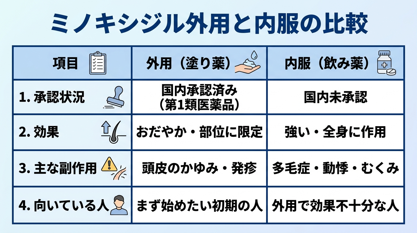 タイトル: ミノキシジル外用と内服の比較。3列の表: ヘッダー行: 項目 | 外用(塗り薬) | 内服(飲み薬)。行1: 承認状況 | 国内承認済み(第1類医薬品) | 国内未承認。行2: 効果 | おだやか・部位に限定 | 強い・全身に作用。行3: 主な副作用 | 頭皮のかゆみ・発疹 | 多毛症・動悸・むくみ。行4: 向いている人 | まず始めたい初期の人 | 外用で効果不十分な人。