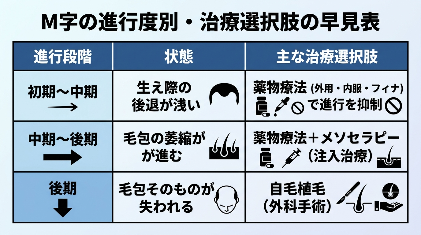タイトル: M字の進行度別・治療選択肢の早見表。3列の表: ヘッダー行: 進行段階 | 状態 | 主な治療選択肢。行1: 初期〜中期 | 生え際の後退が浅い | 薬物療法(外用・内服・フィナ併用)で進行を抑制。行2: 中期〜後期 | 毛包の萎縮が進む | 薬物療法+メソセラピー(注入治療)。行3: 後期 | 毛包そのものが失われる | 自毛植毛(外科手術)。