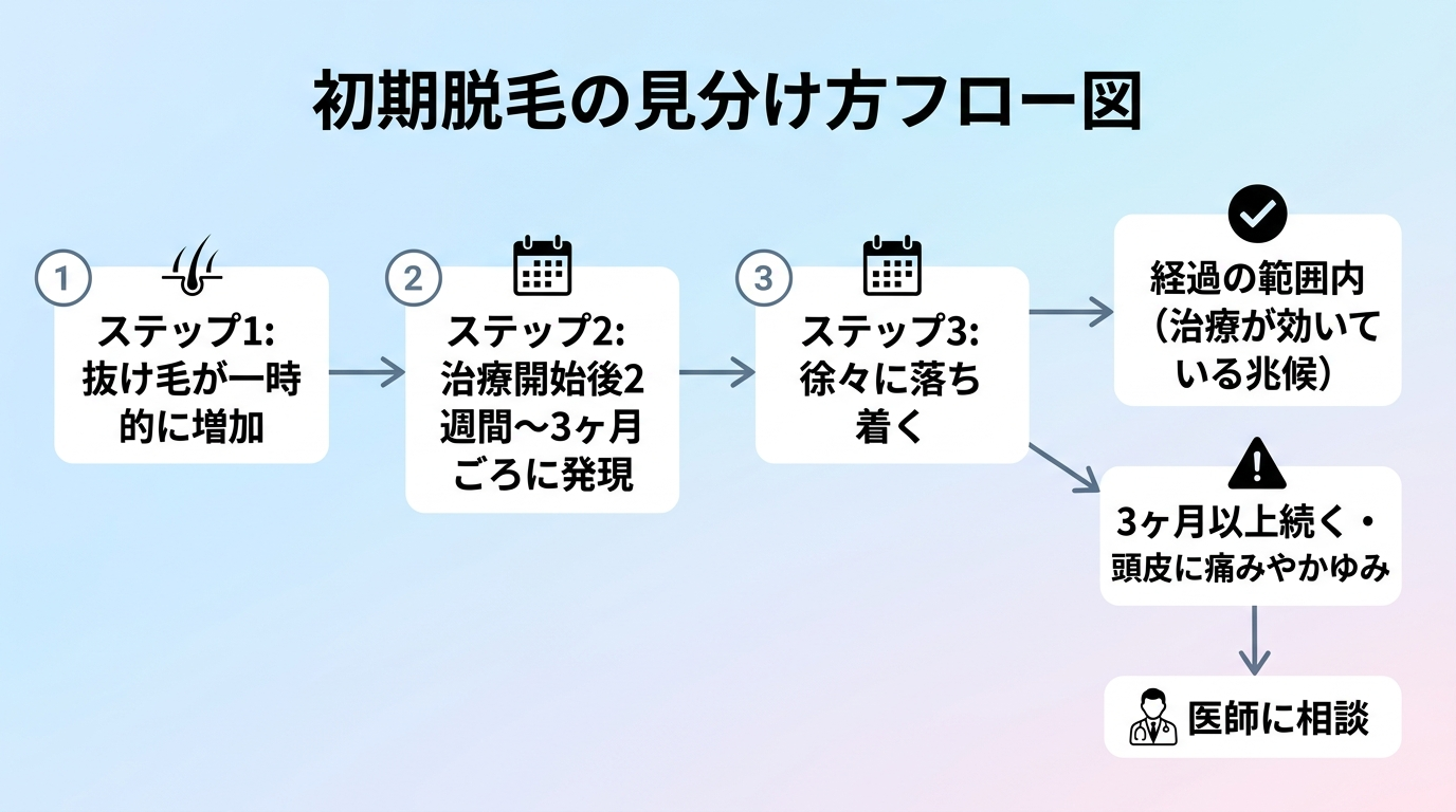 タイトル: 初期脱毛の見分け方フロー図。ステップ1: 抜け毛が一時的に増加。ステップ2: 治療開始後2週間〜3ヶ月ごろに発現。ステップ3: 徐々に落ち着く→経過の範囲内(治療が効いている兆候)。分岐: 3ヶ月以上続く・頭皮に痛みやかゆみ→医師に相談