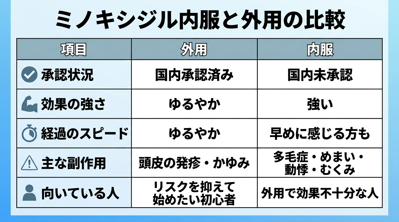 タイトル: ミノキシジル内服と外用の比較。3列の表: ヘッダー行: 項目 | 外用 | 内服。行1: 承認状況 | 国内承認済み | 国内未承認。行2: 効果の強さ | ゆるやか | 強い。行3: 経過のスピード | ゆるやか | 早めに感じる方も。行4: 主な副作用 | 頭皮の発疹・かゆみ | 多毛症・めまい・動悸・むくみ。行5: 向いている人 | リスクを抑えて始めたい初心者 | 外用で効果不十分な人