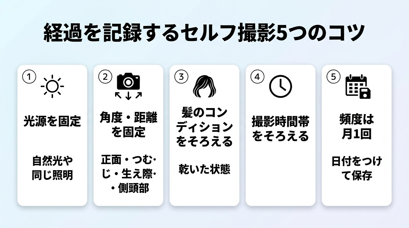 タイトル: 経過を記録するセルフ撮影5つのコツ。カード型で5項目: カード1: 光源を固定(自然光や同じ照明)。カード2: 角度・距離を固定(正面・つむじ・生え際・側頭部)。カード3: 髪のコンディションをそろえる(乾いた状態)。カード4: 撮影時間帯をそろえる。カード5: 頻度は月1回・日付をつけて保存