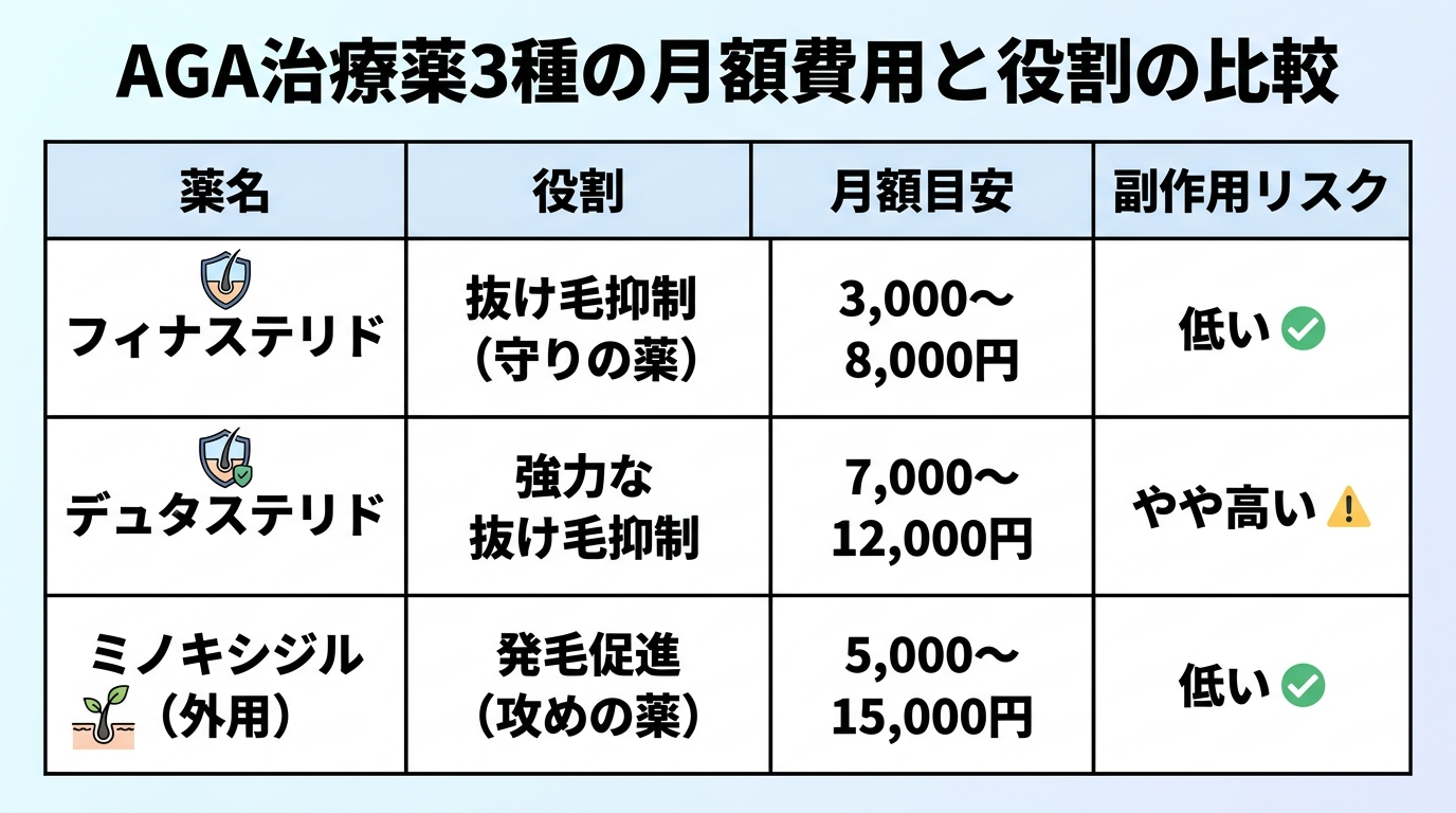 タイトル: AGA治療薬3種の月額費用と役割の比較。4列の表: ヘッダー行: 薬名 | 役割 | 月額目安 | 副作用リスク。行1: フィナステリド | 抜け毛抑制(守りの薬) | 3,000〜8,000円 | 低い。行2: デュタステリド | 強力な抜け毛抑制 | 7,000〜12,000円 | やや高い。行3: ミノキシジル(外用) | 発毛促進(攻めの薬) | 5,000〜15,000円 | 低い