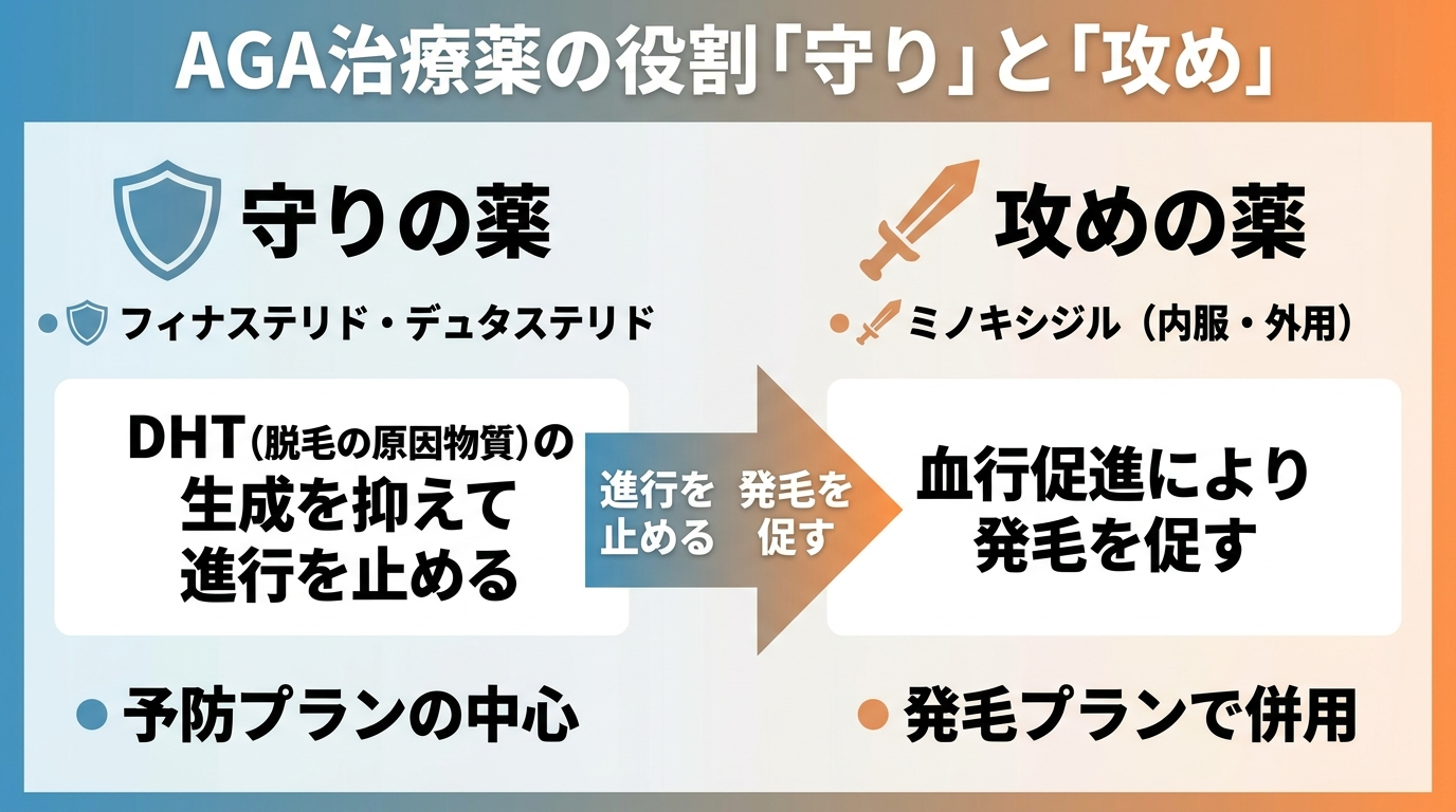 タイトル: AGA治療薬の役割「守り」と「攻め」。左右2分割の図: 左側(盾のアイコン)守りの薬: フィナステリド・デュタステリド。DHT(脱毛の原因物質)の生成を抑えて進行を止める。予防プランの中心。右側(剣のアイコン)攻めの薬: ミノキシジル(内服・外用)。血行促進により発毛を促す。発毛プランで併用。中央に矢印で「進行を止める→発毛を促す」の流れ