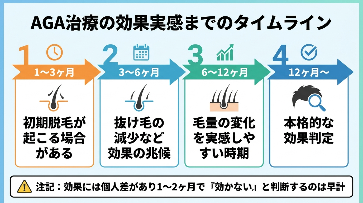 タイトル: AGA治療の効果実感までのタイムライン。横軸を時間軸にした4段階のフロー図: 1〜3ヶ月: 初期脱毛が起こる場合がある。3〜6ヶ月: 抜け毛の減少など効果の兆候。6〜12ヶ月: 毛量の変化を実感しやすい時期。12ヶ月〜: 本格的な効果判定。注記: 効果には個人差があり1〜2ヶ月で『効かない』と判断するのは早計