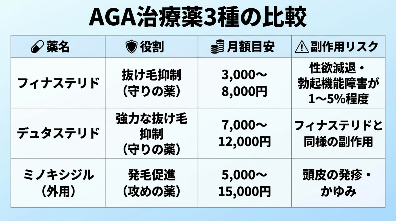 タイトル: AGA治療薬3種の比較。4列の表: ヘッダー行: 薬名 | 役割 | 月額目安 | 副作用リスク。行1: フィナステリド | 抜け毛抑制(守りの薬) | 3,000〜8,000円 | 性欲減退・勃起機能障害が1〜5%程度。行2: デュタステリド | 強力な抜け毛抑制(守りの薬) | 7,000〜12,000円 | フィナステリドと同様の副作用。行3: ミノキシジル(外用) | 発毛促進(攻めの薬) | 5,000〜15,000円 | 頭皮の発疹・かゆみ