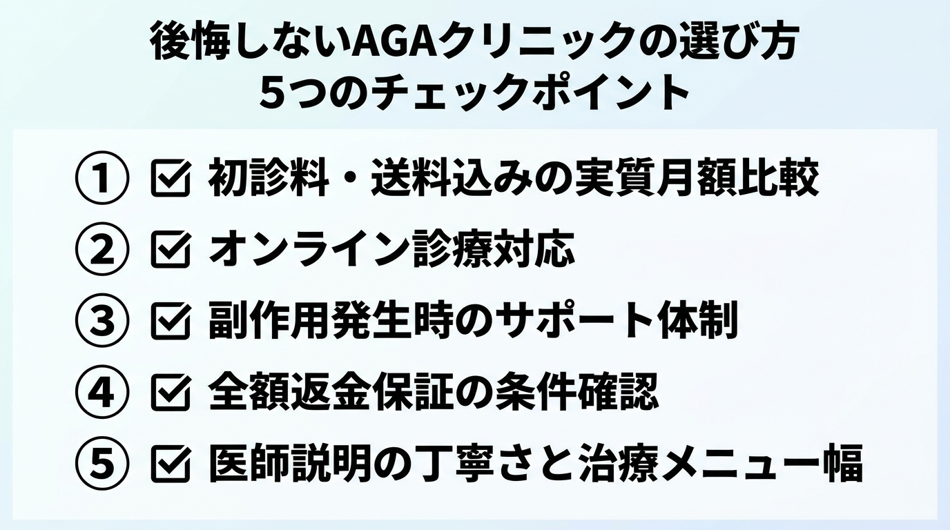 タイトル: 後悔しないAGAクリニックの選び方 5つのチェックポイント。縦並びチェックリスト形式で: ①初診料・送料込みの実質月額で比べる ②オンライン診療に対応しているか ③副作用が出たときのサポート体制 ④全額返金保証の条件を確認する ⑤医師の説明の丁寧さ・治療メニューの幅。各項目にチェックマークのアイコンを添える。