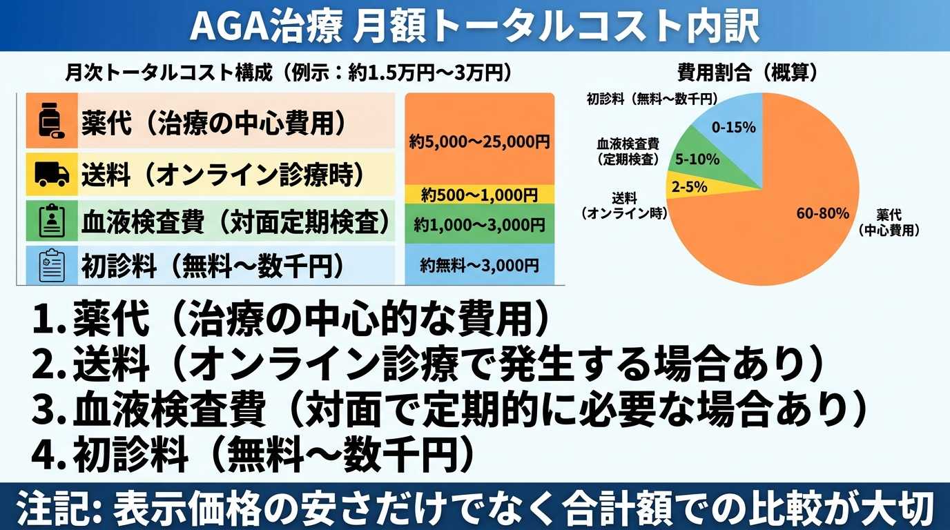 タイトル: AGA治療の月額トータルコストの内訳。円グラフまたは積み上げ図で: 薬代（治療の中心的な費用）＋送料（オンライン診療で発生する場合あり）＋血液検査費（対面で定期的に必要な場合あり）＋初診料（無料〜数千円）＝月次トータルコスト。注記: 表示価格の安さだけでなく合計額で比較することが大切