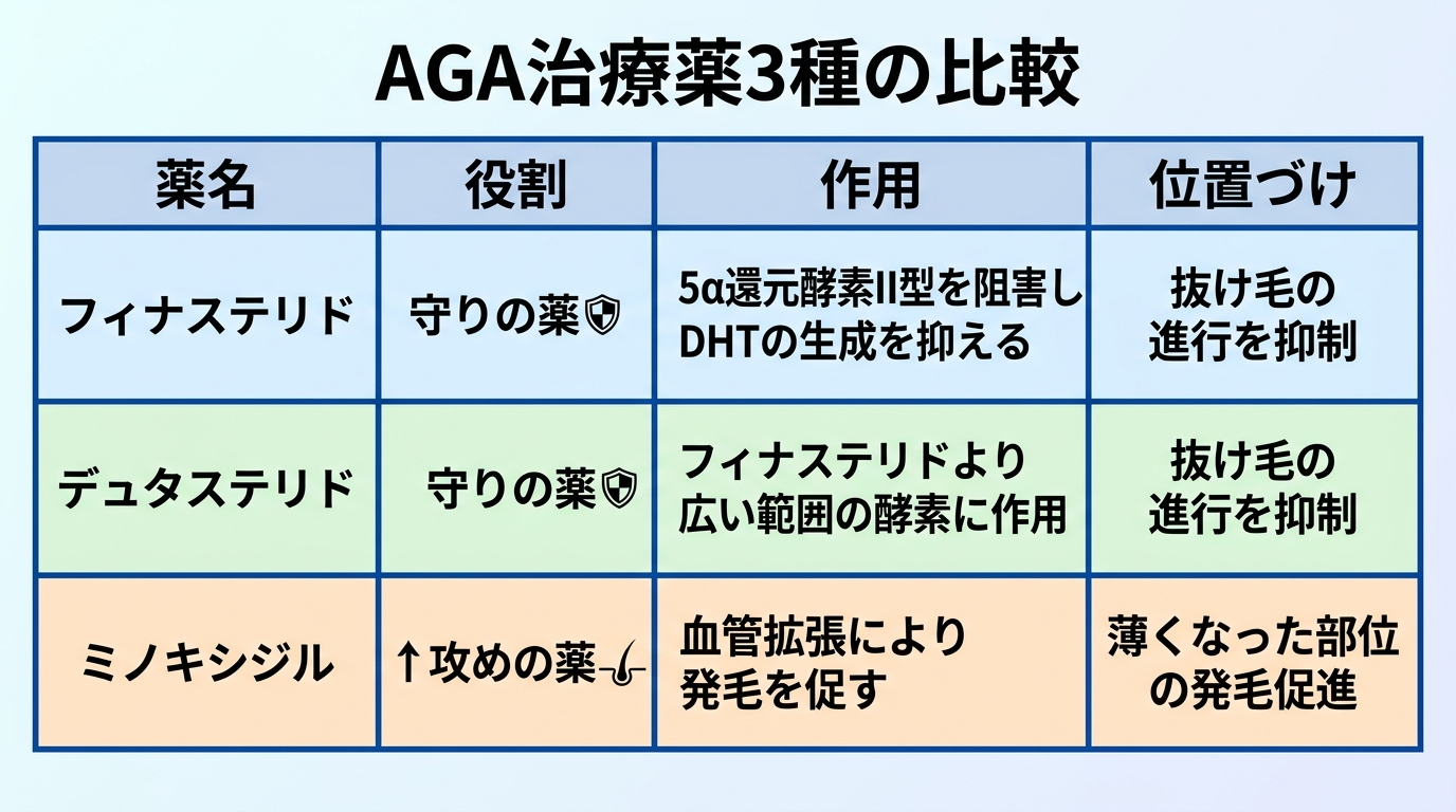 タイトル: AGA治療薬3種の比較。4列の表: ヘッダー行: 薬名 | 役割 | 作用 | 位置づけ。行1: フィナステリド | 守りの薬 | 5α還元酵素II型を阻害しDHTの生成を抑える | 抜け毛の進行を抑制。行2: デュタステリド | 守りの薬 | フィナステリドより広い範囲の酵素に作用 | 抜け毛の進行を抑制。行3: ミノキシジル | 攻めの薬 | 血管拡張により発毛を促す | 薄くなった部位の発毛促進