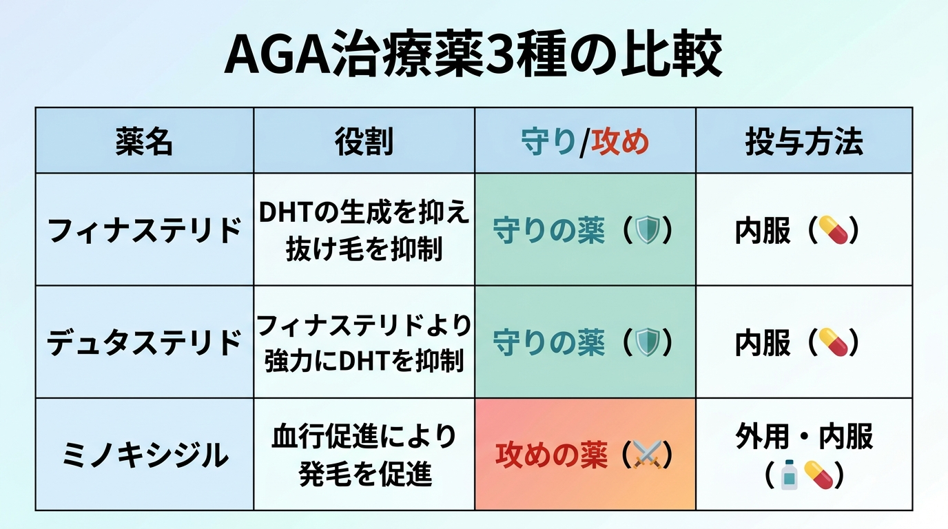 タイトル: AGA治療薬3種の比較。4列の表: ヘッダー行: 薬名 | 役割 | 守り/攻め | 投与方法。行1: フィナステリド | DHTの生成を抑え抜け毛を抑制 | 守りの薬 | 内服。行2: デュタステリド | フィナステリドより強力にDHTを抑制 | 守りの薬 | 内服。行3: ミノキシジル | 血行promotionにより発毛を促進 | 攻めの薬 | 外用・内服