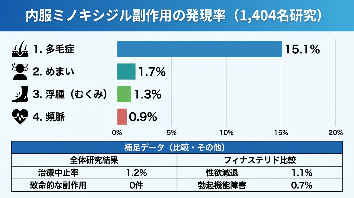 タイトル: 内服ミノキシジル副作用の発現率(1,404名研究)。横棒グラフ: 多毛症 15.1%、めまい 1.7%、浮腫(むくみ)1.3%、頻脈 0.9%。補足: 治療中止率 1.2%、致命的な副作用 0件。フィナステリド: 性欲減退 1.1%、勃起機能障害 0.7%