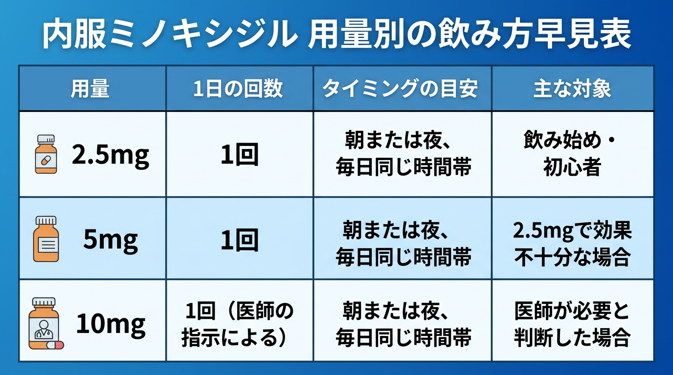 タイトル: 内服ミノキシジル 用量別の飲み方早見表。4列の表: ヘッダー行: 用量 | 1日の回数 | タイミングの目安 | 主な対象。行1: 2.5mg | 1回 | 朝または夜、毎日同じ時間帯 | 飲み始め・初心者。行2: 5mg | 1回 | 朝または夜、毎日同じ時間帯 | 2.5mgで効果不十分な場合。行3: 10mg | 1回(医師の指示による) | 朝または夜、毎日同じ時間帯 | 医師が必要と判断した場合