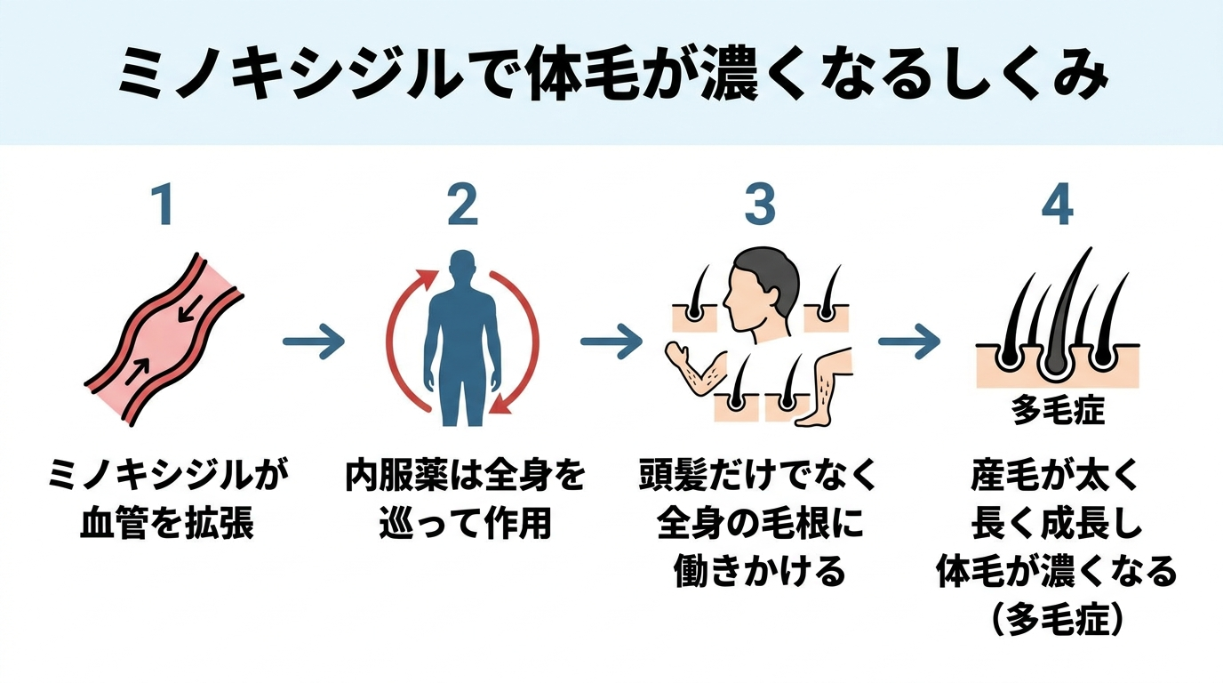 タイトル: ミノキシジルで体毛が濃くなるしくみ。フロー図で4ステップ: ステップ1: ミノキシジルが血管を拡張。ステップ2: 内服薬は全身を巡って作用。ステップ3: 頭髪だけでなく全身の毛根に働きかける。ステップ4: 産毛が太く長く成長し体毛が濃くなる(多毛症)