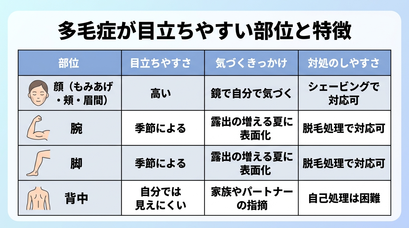 タイトル: 多毛症が目立ちやすい部位と特徴。4列の表: ヘッダー行: 部位 | 目立ちやすさ | 気づくきっかけ | 対処のしやすさ。行1: 顔(もみあげ・頬・眉間) | 高い | 鏡で自分で気づく | シェービングで対応可。行2: 腕 | 季節による | 露出の増える夏に表面化 | 脱毛処理で対応可。行3: 脚 | 季節による | 露出の増える夏に表面化 | 脱毛処理で対応可。行4: 背中 | 自分では見えにくい | 家族やパートナーの指摘 | 自己処理は困難