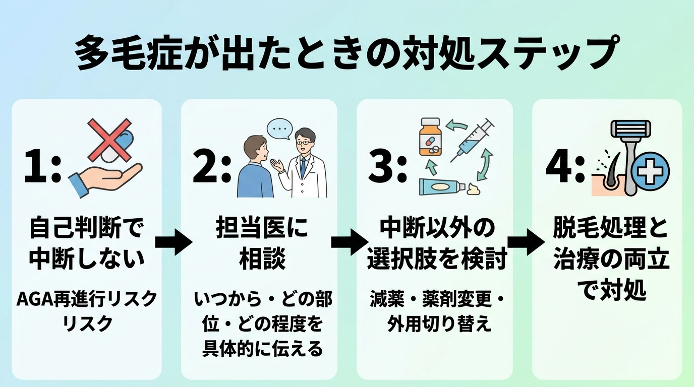 タイトル: 多毛症が出たときの対処ステップ。フロー図で4ステップ: ステップ1: 自己判断で中断しない(AGA再進行リスク)。ステップ2: 担当医に相談(いつから・どの部位・どの程度を具体的に伝える)。ステップ3: 中断以外の選択肢を検討(減薬・薬剤変更・外用切り替え)。ステップ4: 脱毛処理と治療の両立で対処