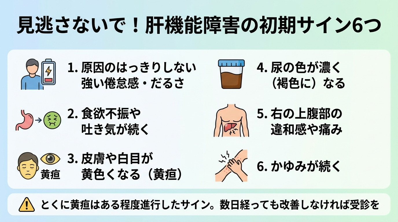 タイトル: 見逃さないで!肝機能障害の初期サイン6つ。チェックリスト形式のインフォグラフィック。項目: 1. 原因のはっきりしない強い倦怠感・だるさ。2. 食欲不振や吐き気が続く。3. 皮膚や白目が黄色くなる(黄疸)。4. 尿の色が濃く(褐色に)なる。5. 右上腹部の違和感や痛み。6. かゆみが続く。注記: とくに黄疸はある程度進行したサイン。数日経っても改善しなければ受診を