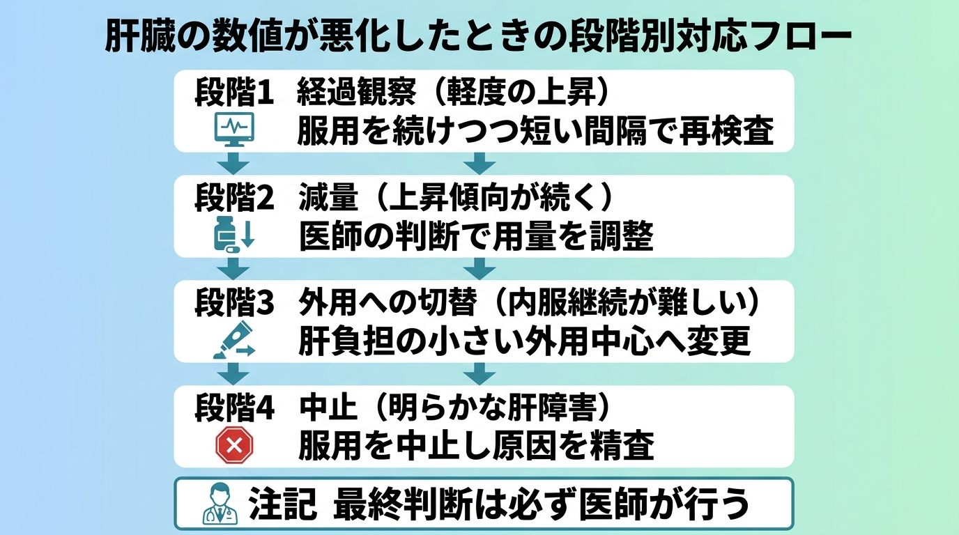 タイトル: 肝臓の数値が悪化したときの段階別対応フロー。縦4ステップのフロー図。段階1 経過観察(軽度の上昇): 服用を続けつつ短い間隔で再検査。段階2 減量(上昇傾向が続く): 医師の判断で用量を調整。段階3 外用への切替(内服継続が難しい): 肝負担の小さい外用中心へ変更。段階4 中止(明らかな肝障害): 服用を中止し原因を精査。注記: 最終判断は必ず医師が行う