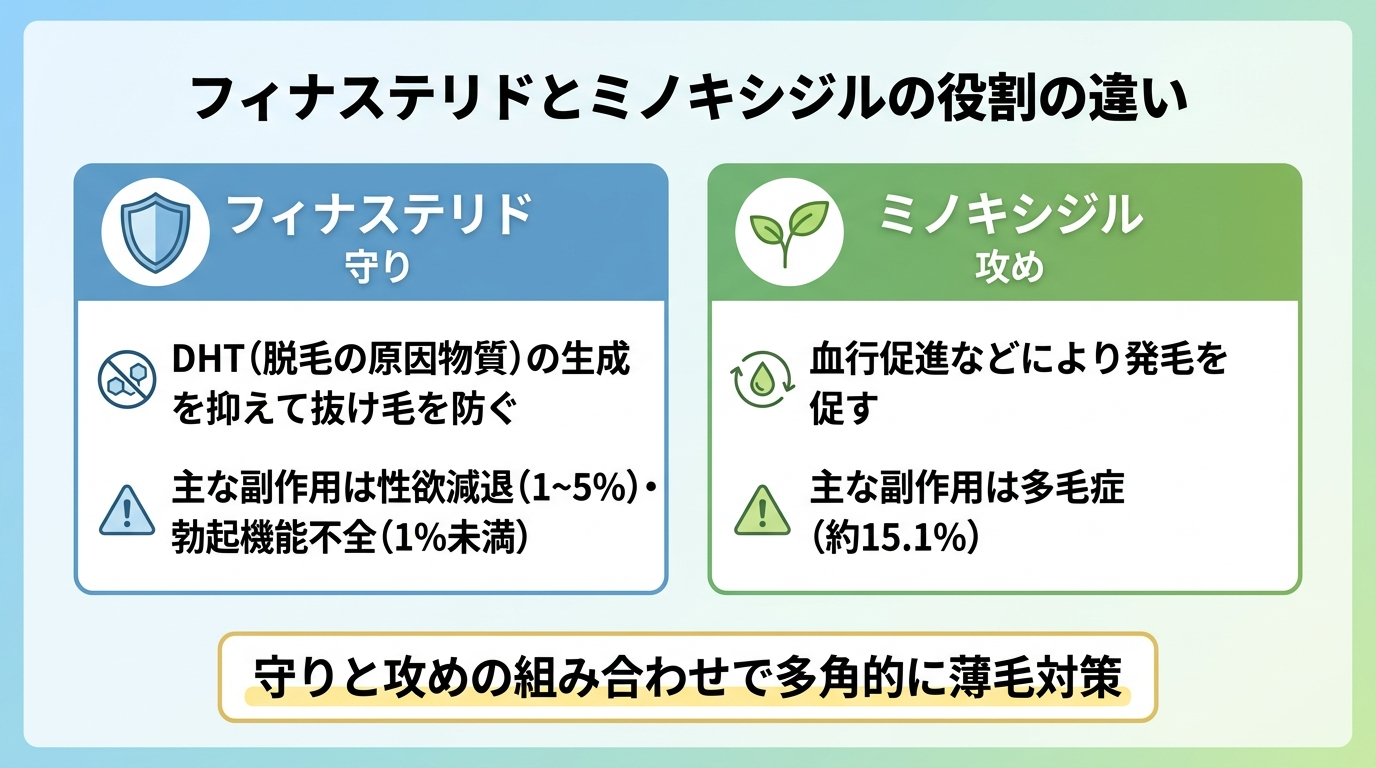 タイトル: フィナステリドとミノキシジルの役割の違い。横並び2カード比較: カード1(盾のアイコン・守り)ヘッダー: フィナステリド、説明: DHT(脱毛の原因物質)の生成を抑えて抜け毛を防ぐ。主な副作用は性欲減退(1〜5%)・勃起機能不全(1%未満)。カード2(芽のアイコン・攻め)ヘッダー: ミノキシジル、説明: 血行促進などにより発毛を促す。主な副作用は多毛症(約15.1%)。下部に『守りと攻めの組み合わせで多角的に薄毛対策』と注記