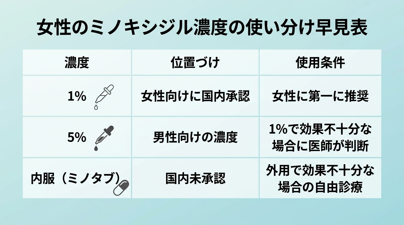 タイトル: 女性のミノキシジル濃度の使い分け早見表。3列の表: ヘッダー行: 濃度 | 位置づけ | 使用条件。行1: 1% | 女性向けに国内承認 | 女性に第一に推奨。行2: 5% | 男性向けの濃度 | 1%で効果不十分な場合に医師が判断。行3: 内服(ミノタブ) | 国内未承認 | 外用で効果不十分な場合の自由診療