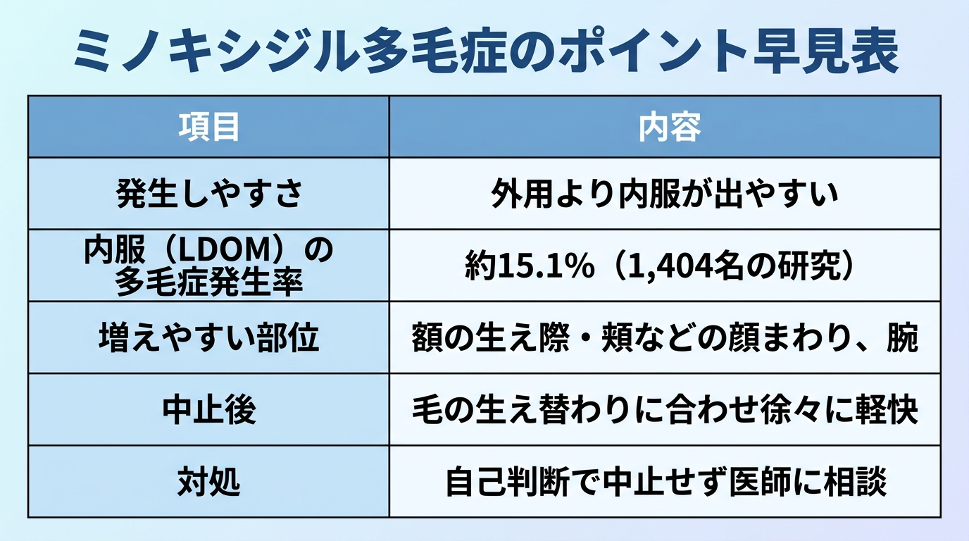 タイトル: ミノキシジル多毛症のポイント早見表。2列の表: ヘッダー行: 項目 | 内容。行1: 発生しやすさ | 外用より内服が出やすい。行2: 内服(LDOM)の多毛症発生率 | 約15.1%(1,404名の研究)。行3: 増えやすい部位 | 額の生え際・頬などの顔まわり、腕。行4: 中止後 | 毛の生え替わりに合わせ徐々に軽快。行5: 対処 | 自己判断で中止せず医師に相談