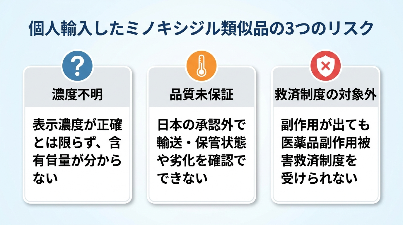 タイトル: 個人輸入したミノキシジル類似品の3つのリスク。横並び3カードで: カード1(疑問符アイコン)ヘッダー: 濃度不明、説明: 表示濃度が正確とは限らず、含有量が分からない。カード2(温度計アイコン)ヘッダー: 品質未保証、説明: 日本の承認外で輸送・保管状態や劣化を確認できない。カード3(盾バツアイコン)ヘッダー: 救済制度の対象外、説明: 副作用が出ても医薬品副作用被害救済制度を受けられない