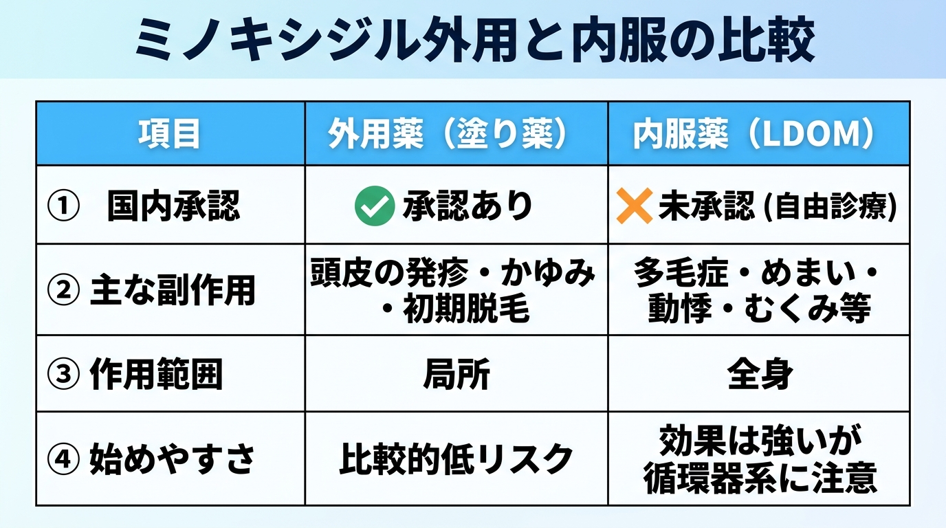 タイトル: ミノキシジル外用と内服の比較。3列の表: ヘッダー行: 項目 | 外用薬(塗り薬) | 内服薬(LDOM)。行1: 国内承認 | 承認あり | 未承認(自由診療)。行2: 主な副作用 | 頭皮の発疹・かゆみ・初期脱毛 | 多毛症・めまい・動悸・むくみ等。行3: 作用範囲 | 局所 | 全身。行4: 始めやすさ | 比較的低リスク | 効果は強いが循環器系に注意