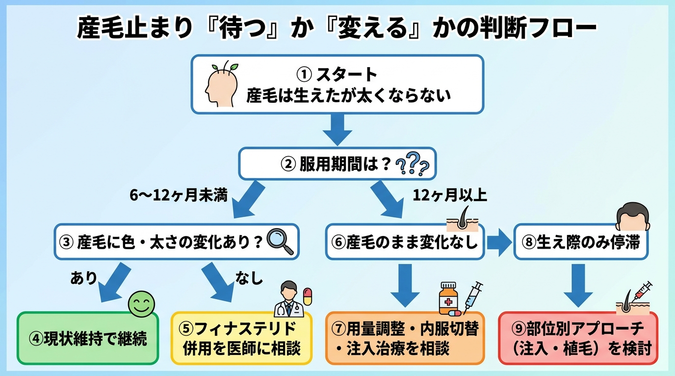 タイトル: 産毛止まり『待つ』か『変える』かの判断フロー。縦フローチャート: スタート『産毛は生えたが太くならない』→分岐1『服用期間は?』→『6〜12ヶ月未満』の場合→『産毛に色・太さの変化あり?』→あり→『現状維持で継続』/なし→『フィナステリド併用を医師に相談』。分岐1で『12ヶ月以上』の場合→『産毛のまま変化なし』→『用量調整・内服切替・注入治療を相談』。さらに『生え際のみ停滞』→『部位別アプローチ(注入・植毛)を検討』