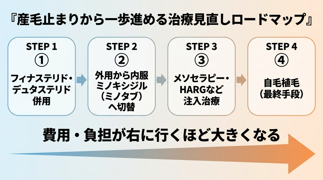 タイトル: 産毛止まりから一歩進める治療見直しロードマップ。横方向のステップ図(負担の軽い順): STEP1『フィナステリド・デュタステリド併用』→STEP2『外用から内服ミノキシジル(ミノタブ)へ切替』→STEP3『メソセラピー・HARGなど注入治療』→STEP4『自毛植毛(最終手段)』。各ステップに『費用・負担が右に行くほど大きくなる』矢印を添える