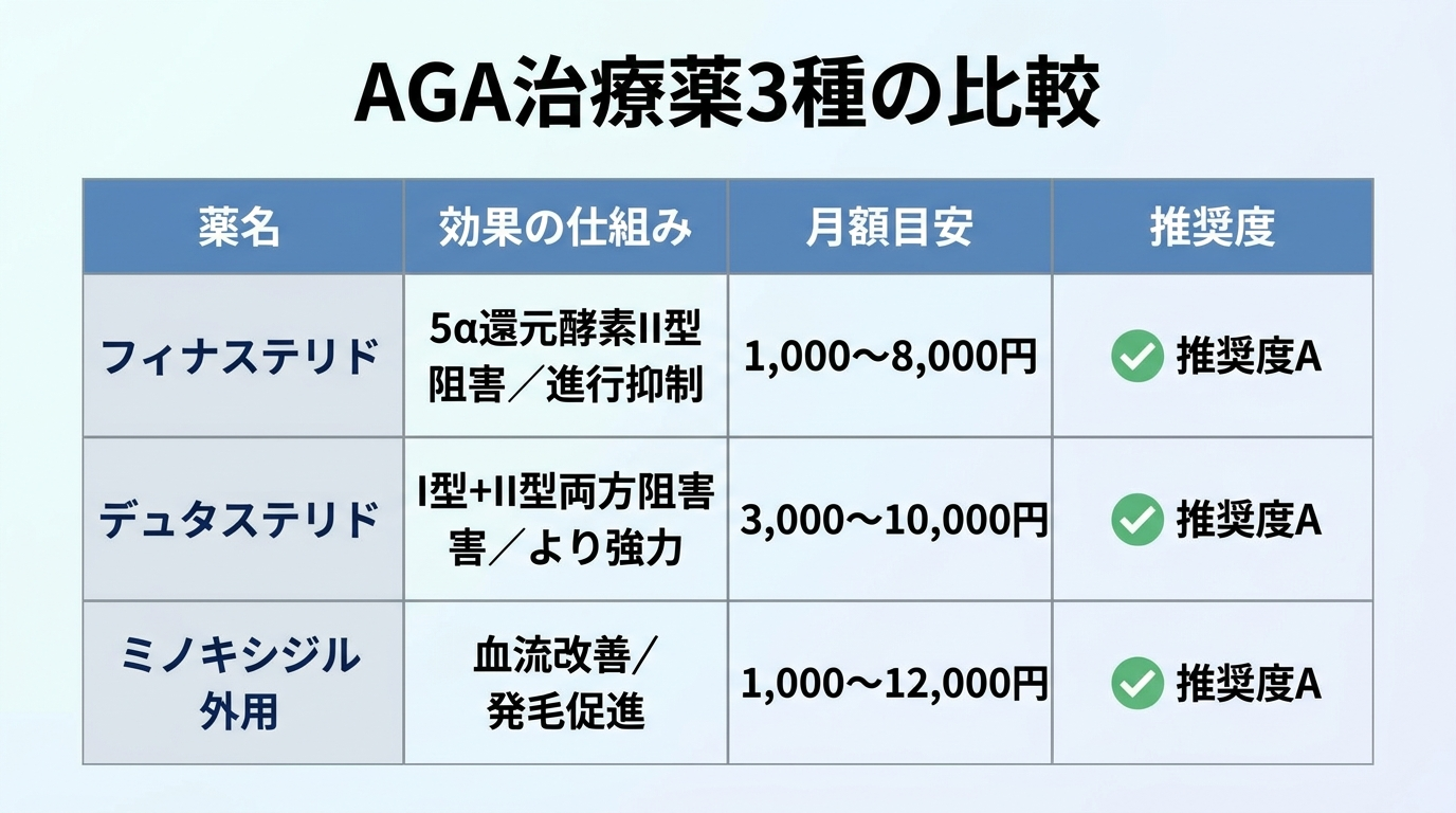 タイトル: AGA治療薬3種の比較。4列のストライプ表: ヘッダー行: 薬名 | 効果の仕組み | 月額目安 | 推奨度。行1: フィナステリド | 5α還元酵素II型阻害/進行抑制 | 1,000〜8,000円 | 推奨度A。行2: デュタステリド | I型+II型両方阻害/より強力 | 3,000〜10,000円 | 推奨度A。行3: ミノキシジル外用 | 血流改善/発毛促進 | 1,000〜12,000円 | 推奨度A