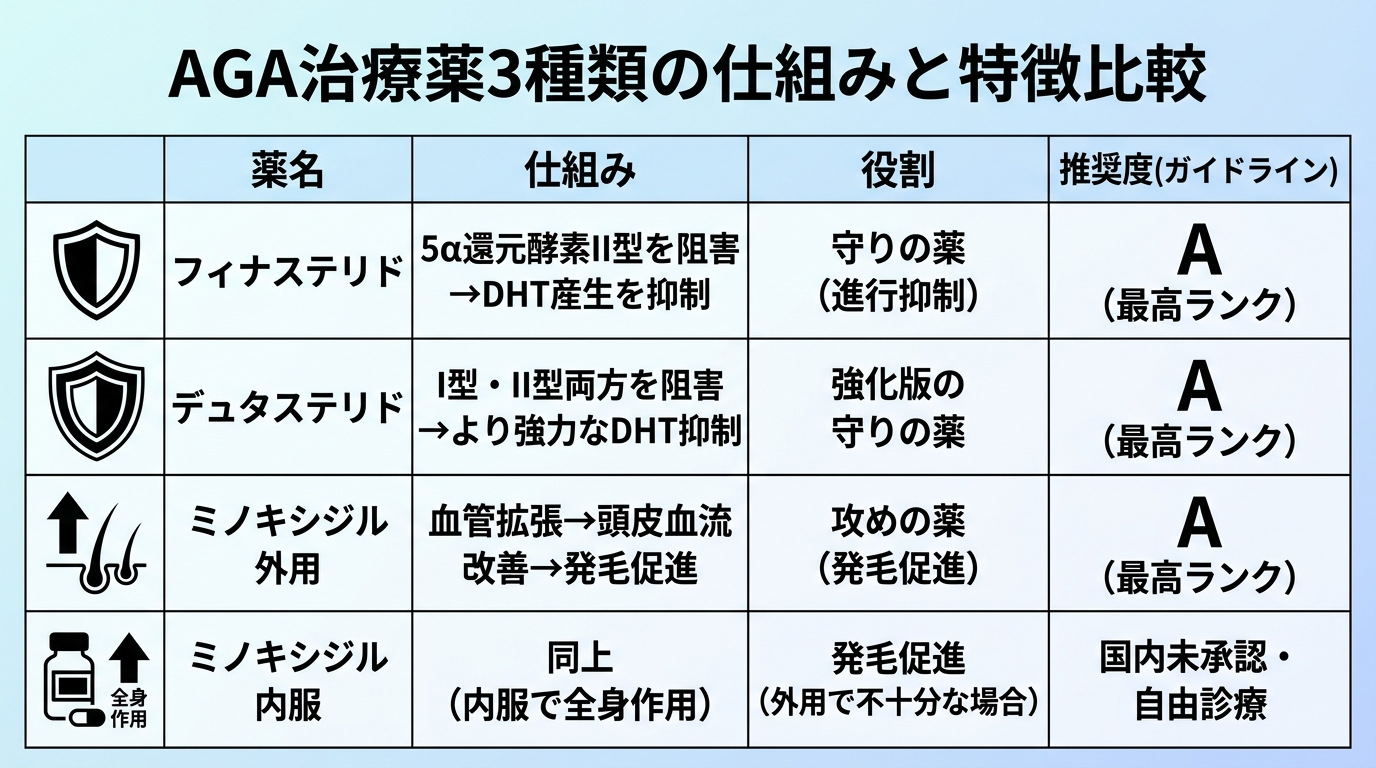 タイトル: AGA治療薬3種類の仕組みと特徴比較。4列の表形式。ヘッダー行: 薬名 | 仕組み | 役割 | 推奨度(ガイドライン)。行1: フィナステリド | 5α還元酵素II型を阻害→DHT産生を抑制 | 守りの薬(進行抑制) | A(最高ランク)。行2: デュタステリド | I型・II型両方を阻害→より強力なDHT抑制 | 強化版の守りの薬 | A(最高ランク)。行3: ミノキシジル外用 | 血管拡張→頭皮血流改善→発毛促進 | 攻めの薬(発毛促進) | A(最高ランク)。行4: ミノキシジル内服 | 同上(内服で全身作用) | 発毛促進(外用で不十分な場合) | 国内未承認・自由診療