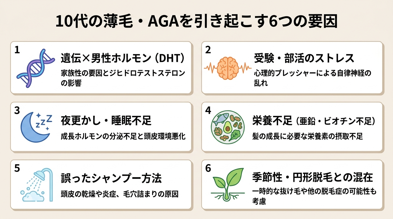 タイトル: 10代の薄毛・AGAを引き起こす6つの要因。横2列×3行のカードレイアウト。カード1(DNA螺旋アイコン): 遺伝×男性ホルモン(DHT)。カード2(脳波アイコン): 受験・部活のストレス。カード3(月アイコン): 夜更かし・睡眠不足。カード4(食事アイコン): 栄養不足(亜鉛・ビオチン不足)。カード5(シャワーアイコン): 誤ったシャンプー方法。カード6(葉アイコン): 季節性・円形脱毛との混在。背景は薄いベージュ。