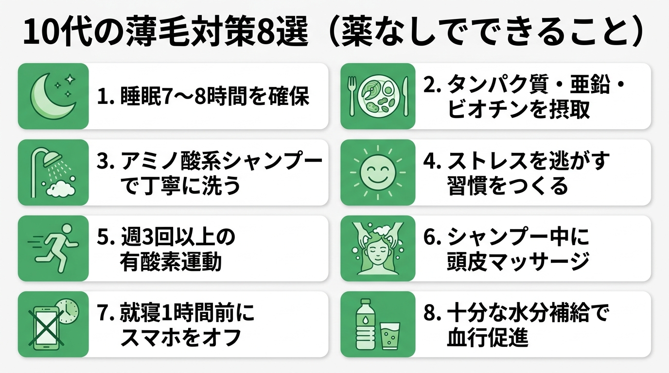 タイトル: 10代の薄毛対策8選(薬なしでできること)。2列4行のカードグリッド。カード1(月アイコン): 睡眠7〜8時間を確保。カード2(食事アイコン): タンパク質・亜鉛・ビオチンを摂取。カード3(シャワーアイコン): アミノ酸系シャンプーで丁寧に洗う。カード4(笑顔アイコン): ストレスを逃がす習慣をつくる。カード5(ランニングアイコン): 週3回以上の有酸素運動。カード6(頭皮マッサージアイコン): シャンプー中に頭皮マッサージ。カード7(スマホ禁止アイコン): 就寝1時間前にスマホをオフ。カード8(水アイコン): 十分な水分補給で血行促進。背景は白、アイコンは緑系統。