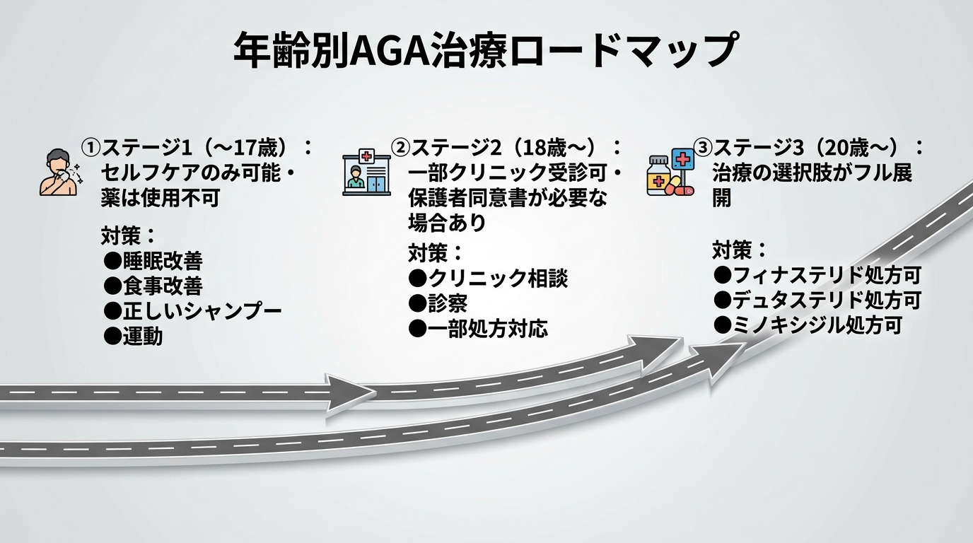 タイトル: 年齢別AGA治療ロードマップ。横並び3ステージのタイムライン図。ステージ1(〜17歳): セルフケアのみ可能・薬は使用不可。対策: 睡眠改善・食事改善・正しいシャンプー・運動。ステージ2(18歳〜): 一部クリニック受診可・保護者同意書が必要な場合あり。対策: クリニック相談・診察・一部処方対応。ステージ3(20歳〜): 治療の選択肢がフル展開。対策: フィナステリド・デュタステリド・ミノキシジル処方可。各ステージを矢印でつなぎ右肩上がりのレールで表現。背景はライトグレー。