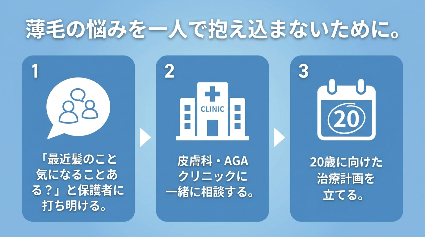 タイトル: 薄毛の悩みを一人で抱え込まないために。横並び3ステップの相談フロー図。ステップ1(対話バブルアイコン): 「最近髪のこと気になることある?」と保護者に打ち明ける。ステップ2(病院アイコン): 皮膚科・AGAクリニックに一緒に相談する。ステップ3(カレンダーアイコン): 20歳に向けた治療計画を立てる。各ステップを矢印でつなぐ。背景はソフトなブルー。
