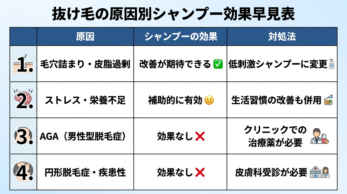 タイトル: 抜け毛の原因別シャンプー効果早見表。3列の表: ヘッダー行: 原因 | シャンプーの効果 | 対処法。行1: 毛穴詰まり・皮脂過剰 | 改善が期待できる | 低刺激シャンプーに変更。行2: ストレス・栄養不足 | 補助的に有効 | 生活習慣の改善も併用。行3: AGA(男性型脱毛症) | 効果なし | クリニックでの治療薬が必要。行4: 円形脱毛症・疾患性 | 効果なし | 皮膚科受診が必要