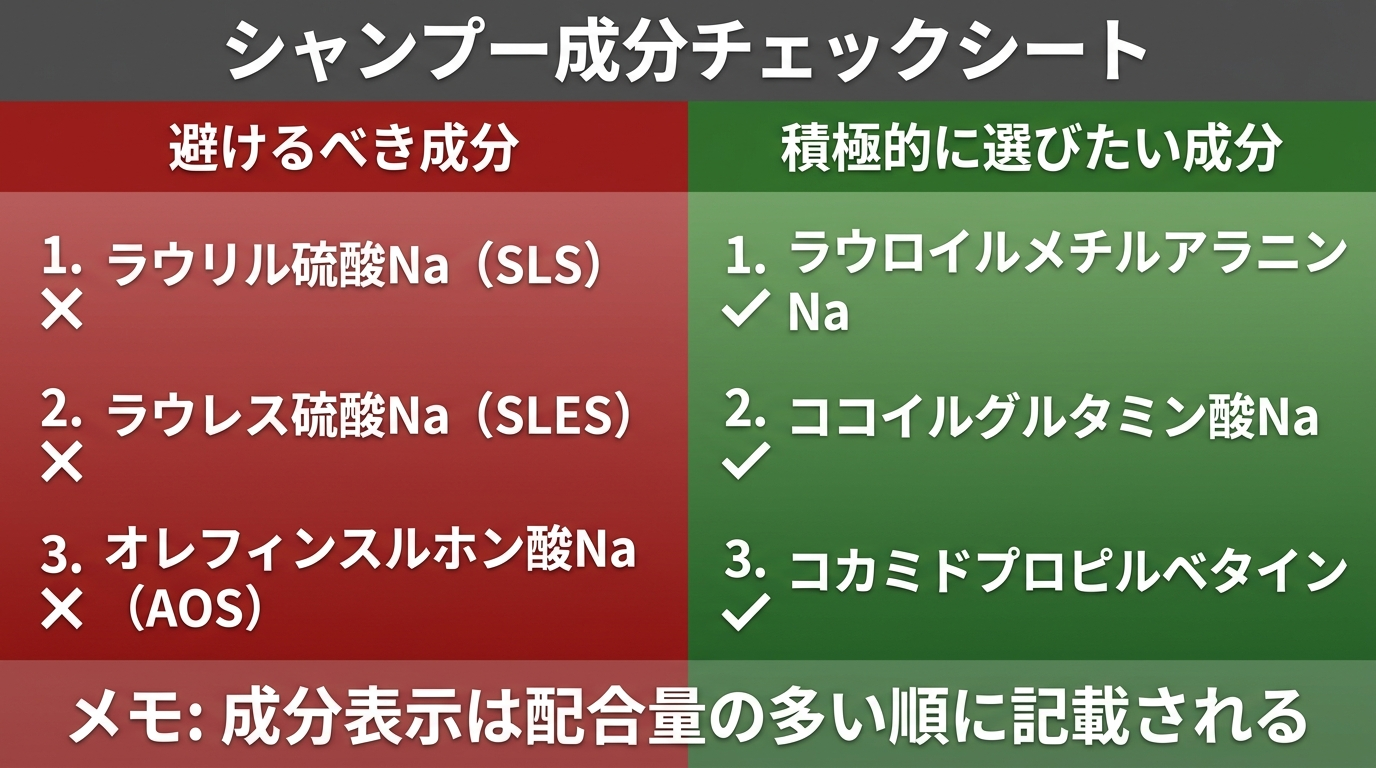 タイトル: シャンプー成分チェックシート。2列レイアウト: 左列(赤背景): 避けるべき成分: ラウリル硫酸Na(SLS)| ラウレス硫酸Na(SLES)| オレフィンスルホン酸Na(AOS)。右列(緑背景): 積極的に選びたい成分: ラウロイルメチルアラニンNa | ココイルグルタミン酸Na | コカミドプロピルベタイン。下部にメモ: 成分表示は配合量の多い順に記載される