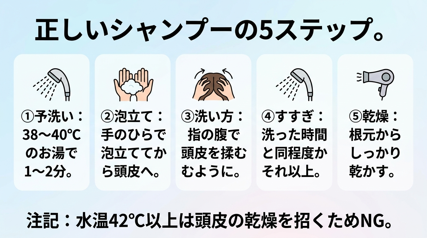 タイトル: 正しいシャンプーの5ステップ。縦フロー図: ステップ1(シャワーのアイコン)予洗い: 38〜40℃のお湯で1〜2分。ステップ2(手のひらのアイコン)泡立て: 手のひらで泡立ててから頭皮へ。ステップ3(指のアイコン)洗い方: 指の腹で頭皮を揉むように。ステップ4(シャワーのアイコン)すすぎ: 洗った時間と同程度かそれ以上。ステップ5(ドライヤーのアイコン)乾燥: 根元からしっかり乾かす。下部注記: 水温42℃以上は頭皮の乾燥を招くためNG