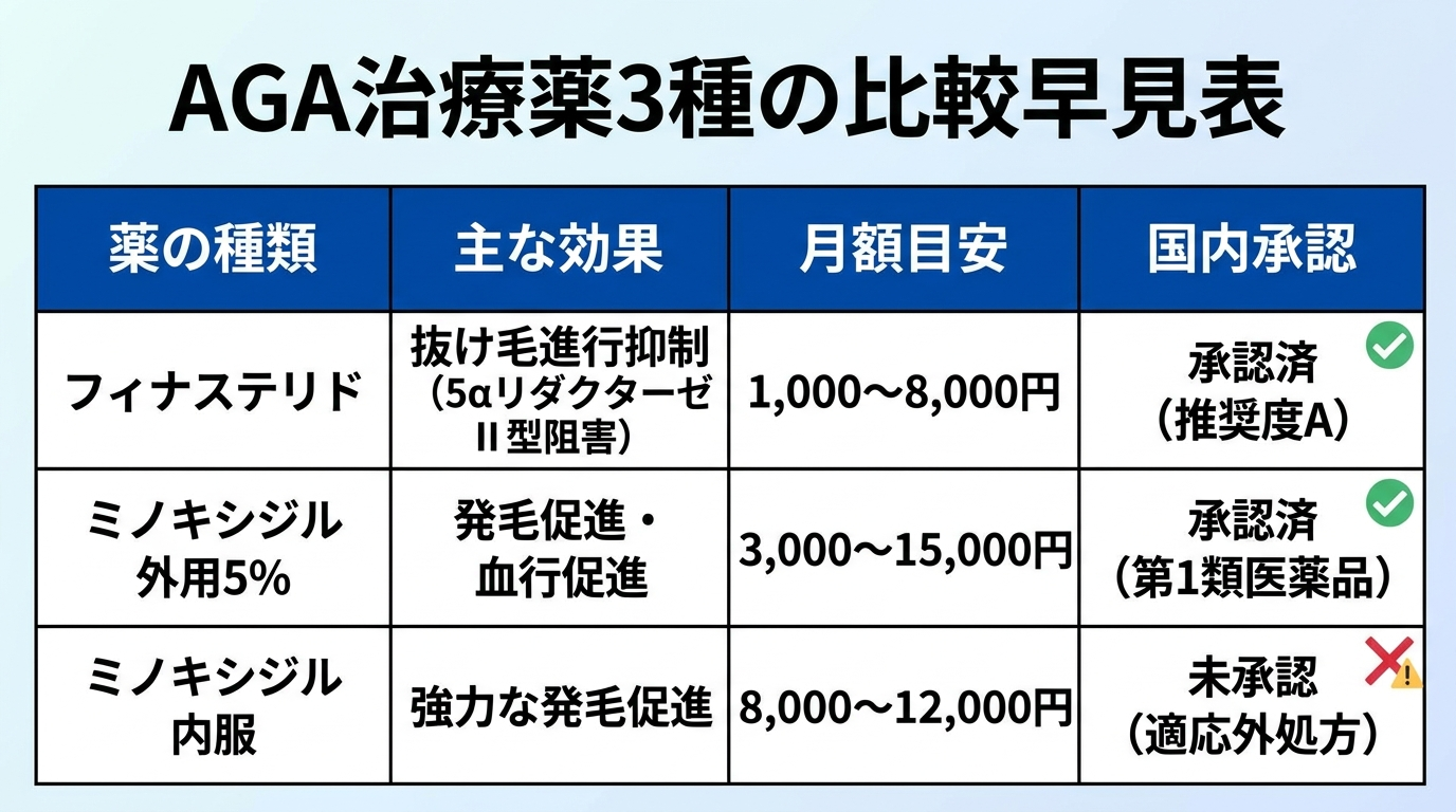 タイトル: AGA治療薬3種の比較早見表。4列の表: ヘッダー行: 薬の種類 | 主な効果 | 月額目安 | 国内承認。行1: フィナステリド | 抜け毛進行抑制(5αリダクターゼⅡ型阻害) | 1,000〜8,000円 | 承認済(推奨度A)。行2: ミノキシジル外用5% | 発毛促進・血行促進 | 3,000〜15,000円 | 承認済(第1類医薬品)。行3: ミノキシジル内服 | 強力な発毛促進 | 8,000〜12,000円 | 未承認(適応外処方)