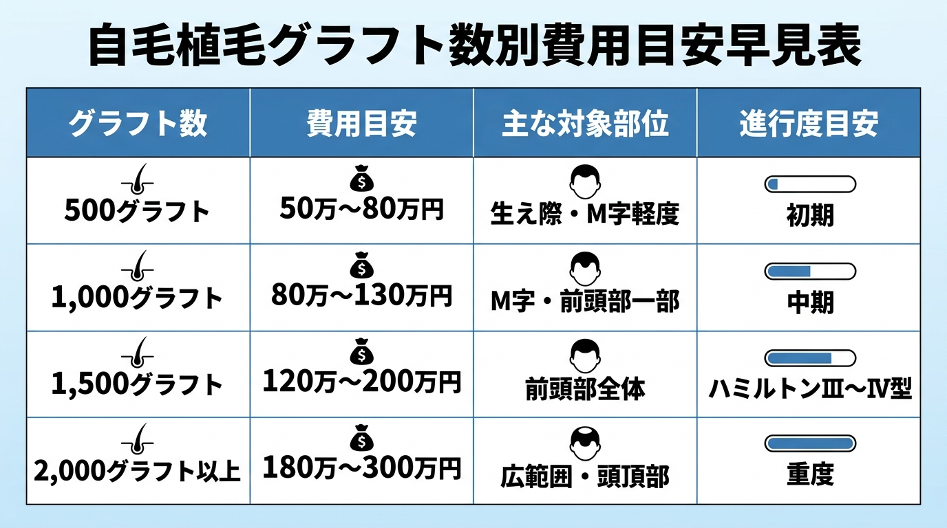タイトル: 自毛植毛グラフト数別費用目安早見表。4列の表: ヘッダー行: グラフト数 | 費用目安 | 主な対象部位 | 進行度目安。行1: 500グラフト | 50万〜80万円 | 生え際・M字軽度 | 初期。行2: 1,000グラフト | 80万〜130万円 | M字・前頭部一部 | 中期。行3: 1,500グラフト | 120万〜200万円 | 前頭部全体 | ハミルトンⅢ〜Ⅳ型。行4: 2,000グラフト以上 | 180万〜300万円 | 広範囲・頭頂部 | 重度